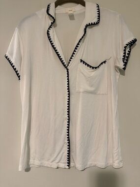 Eberjey Gisele White Short Sleeve Pajama Shirt with Navy Trim